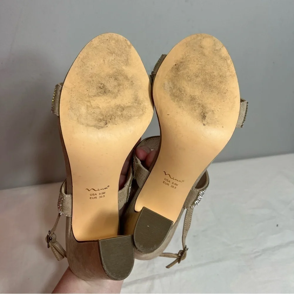 Nina Senta nude tan rhinestone double strap adjustable strap block heels 9.5